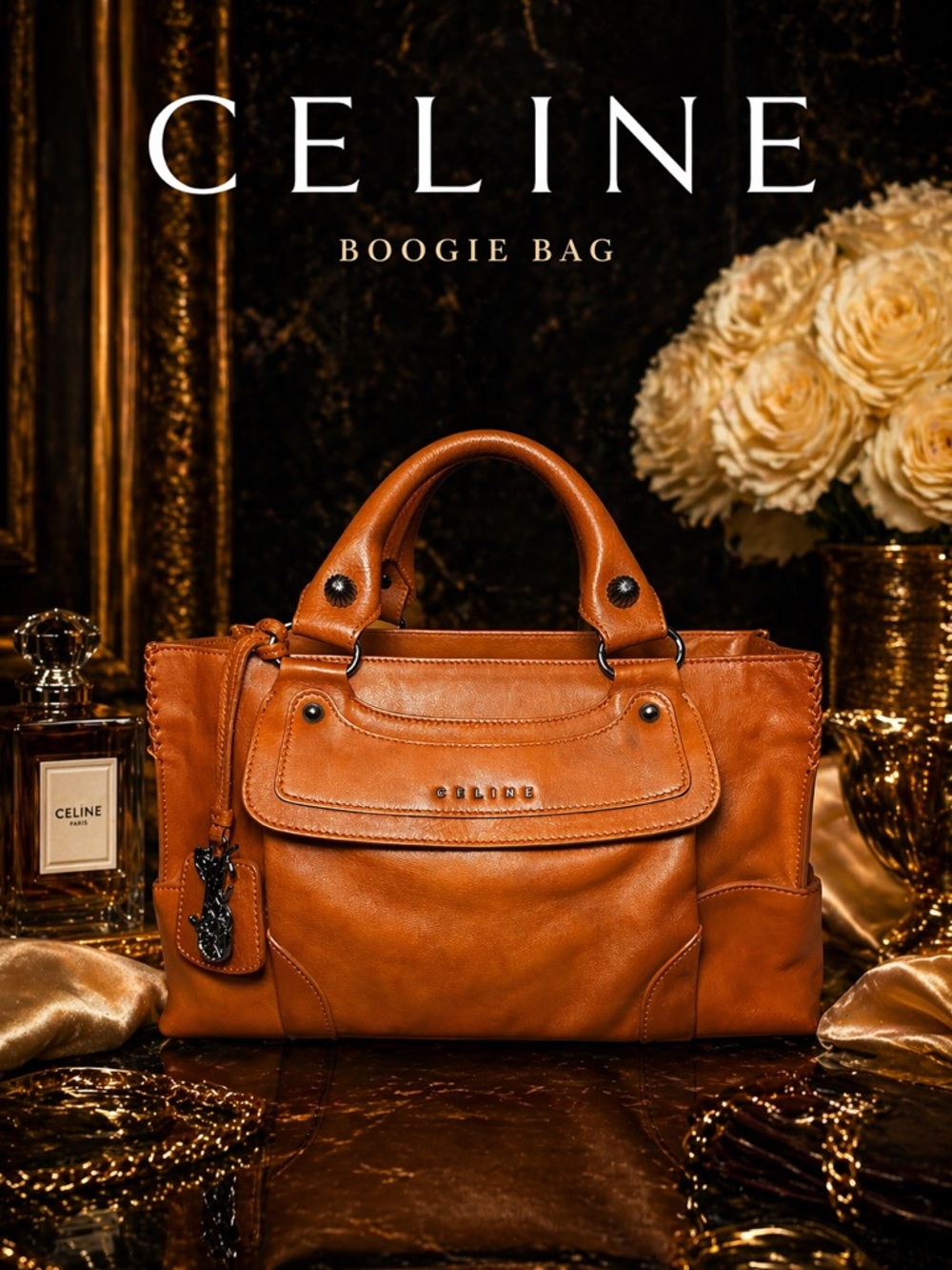 Celine Boogie Satchel in Cognac Brown Leather